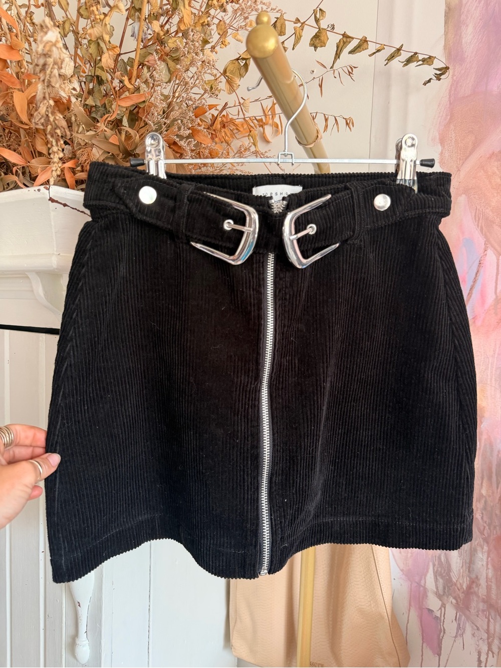 Black Corduroy Front-Zip Mini Skirt with Buckle Waist